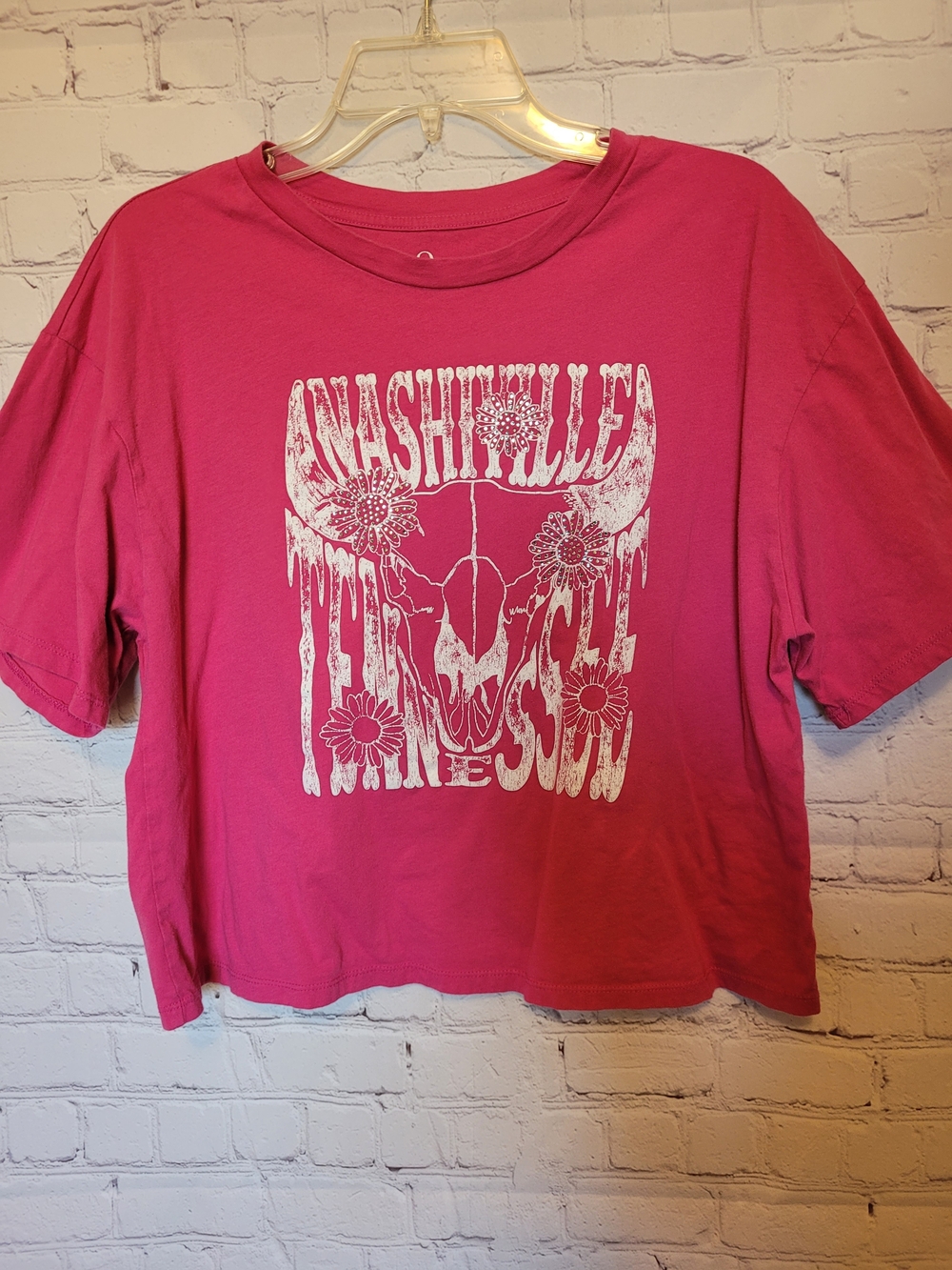 Pink Fuscia Size XL Nashville Rhinestone Cropped Tee Shirt OG Cotton